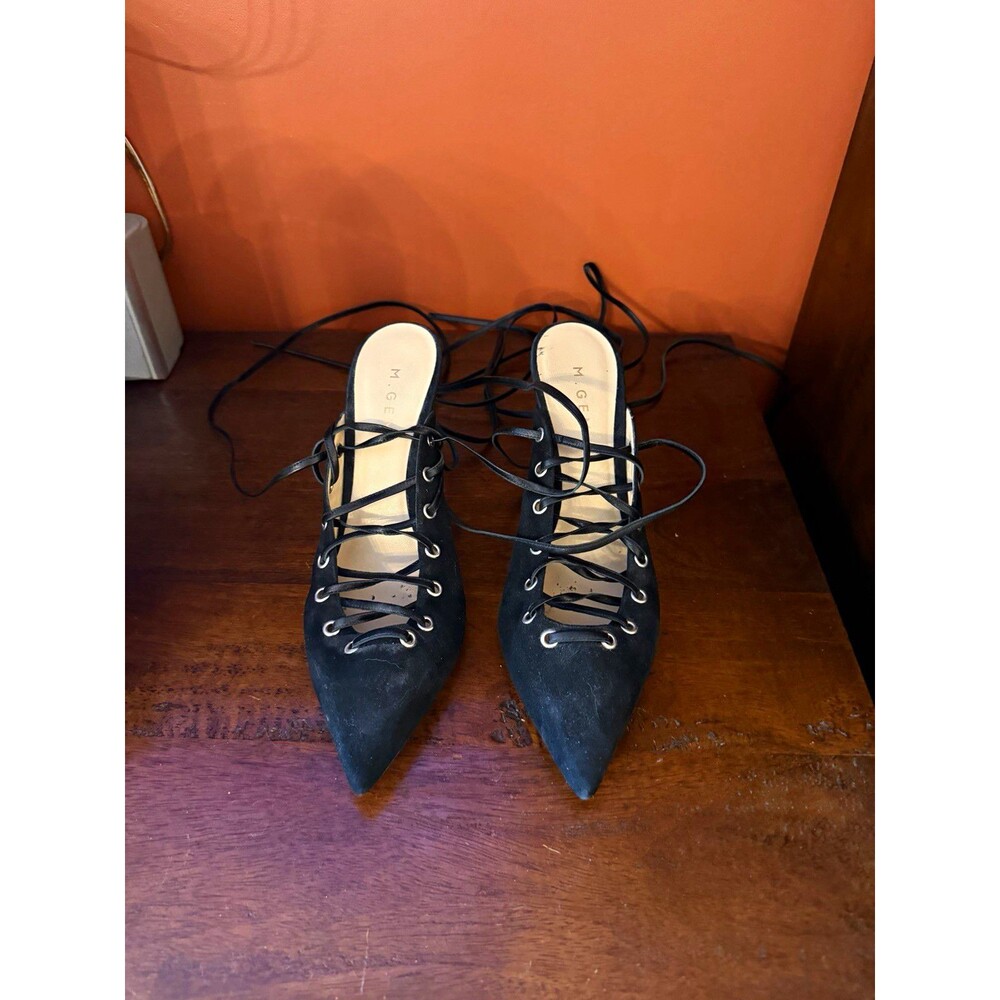 M.GEMI Women’s Black Leather Pointed Toe Lace-Up Stiletto Pumps Size 10